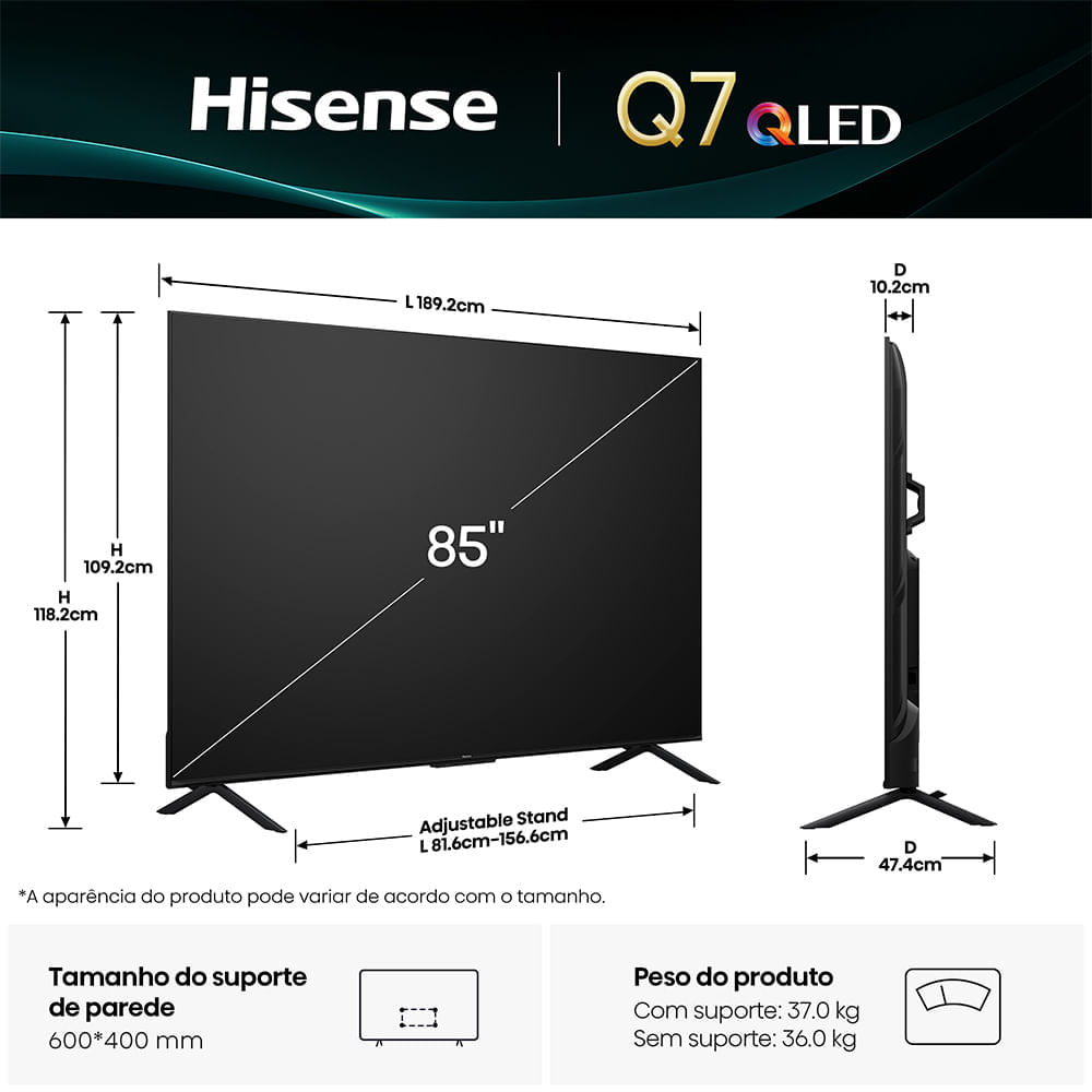 Miniatura Smart TV Hisense QLED 4K 85" Polegadas com Dolby Vision, Dolby Gaming, Alexa e Google - 85Q7QG Bivolt
