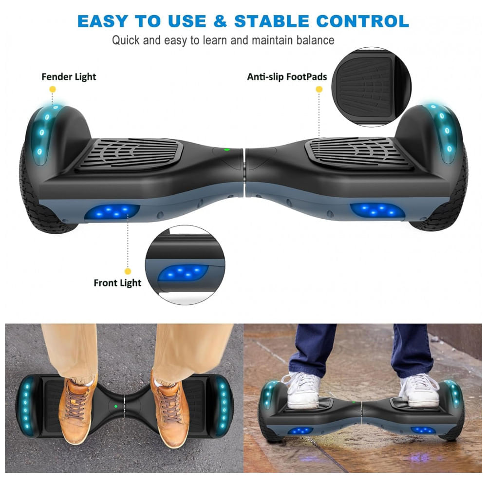 Miniatura Hoverboard Elétrico de Auto Equilíbrio com Bluetooth e Luzes Led, FLYING, Preto