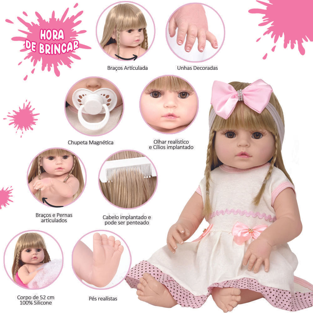 Boneca Bebe Reborn Loira Corpo De Silicone Enxoval 20 Itens