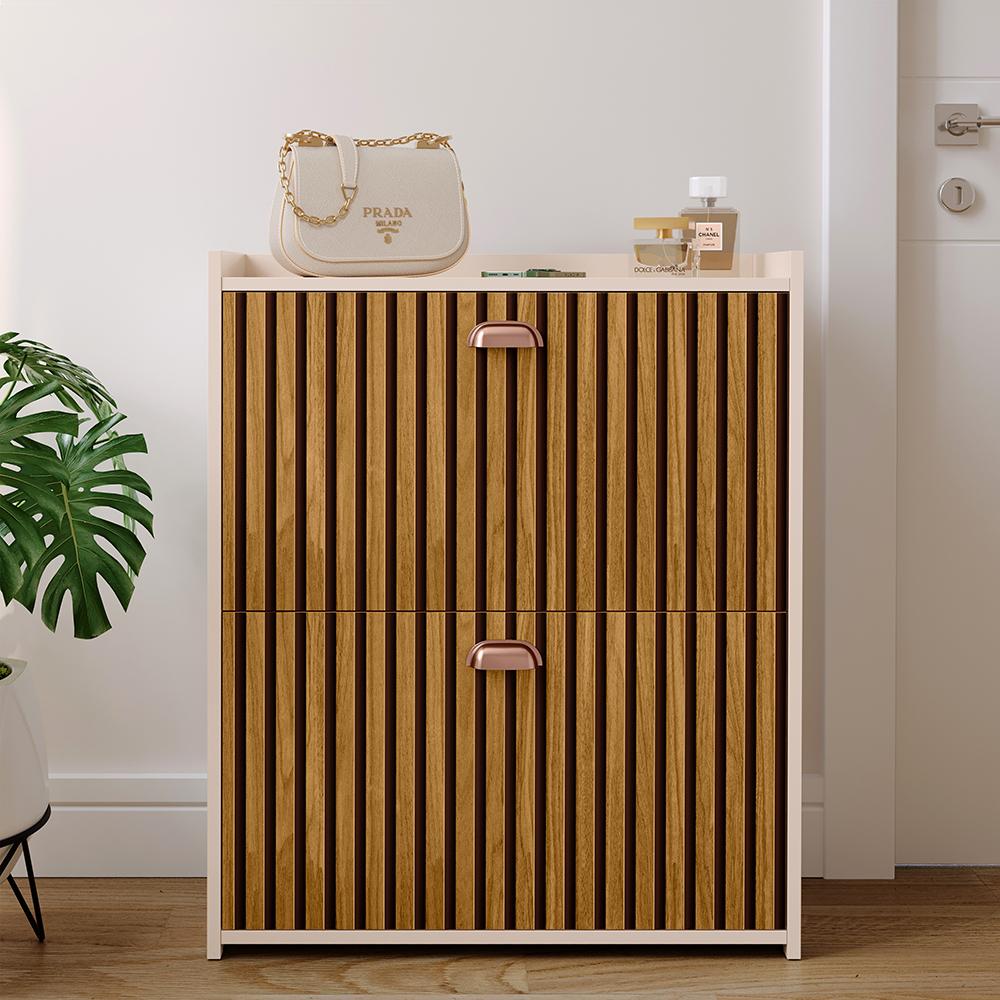 Miniatura Sapateira Closet Vertical Organizadora 12 Pares Calçados Unissex Prateleira 2 Andares Gavetas Basculante Off White/Ripado - Lojas RPM