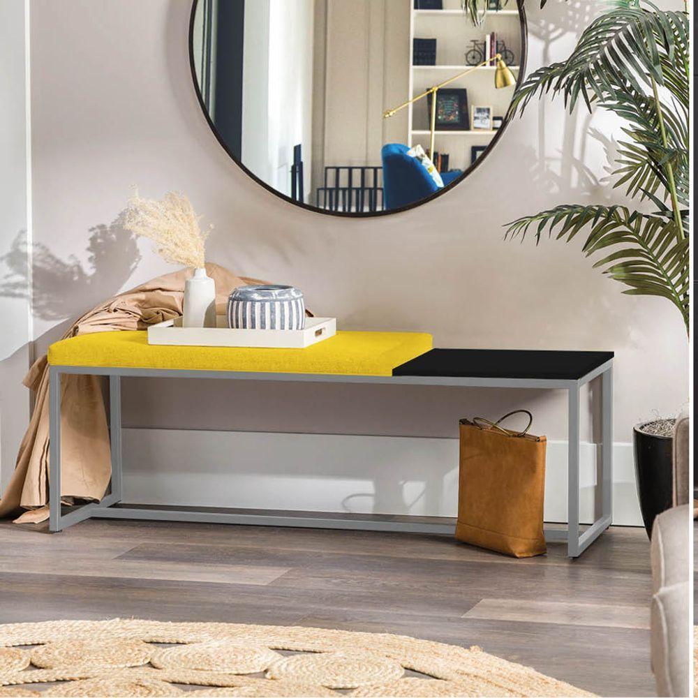 Miniatura Banco Recamier Puff 195cm Industrial Prata Suede Amarelo Tampo Quadrado Mdf Preto