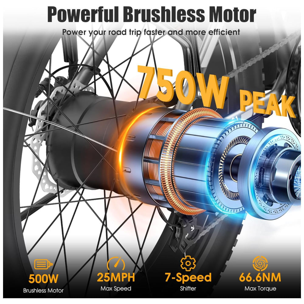 Miniatura Bicicleta Elétrica para Adultos: Peak 1000W Ebike, 25MPH 60 Miles com Roda Gorda de 26'', Bateria de 48V 13AH, Suspensão Dianteira, Sinalizador de Cur
