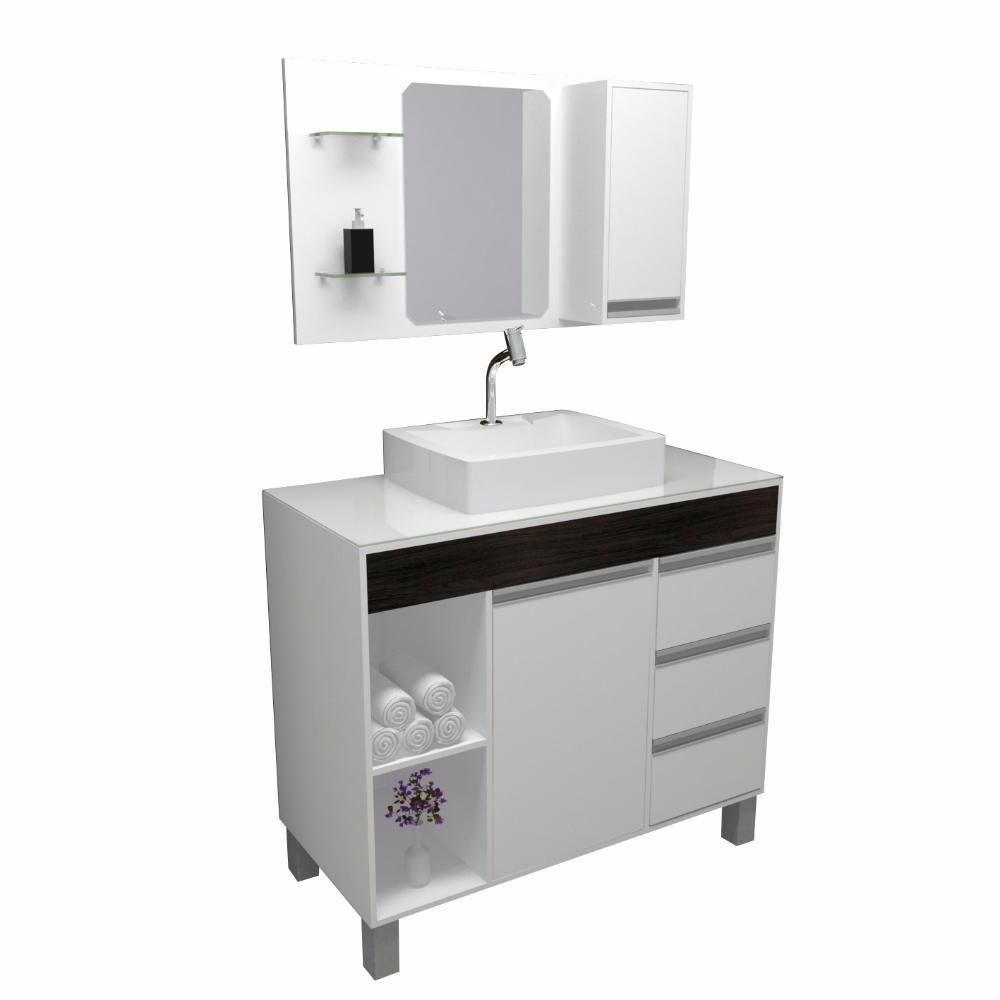 Miniatura Armário Para Banheiro/ Lavabo Fit Supreme 97 Cm Branco Com ébano C/cuba + Espelheira Com Espelho + Torneira E Válvula
