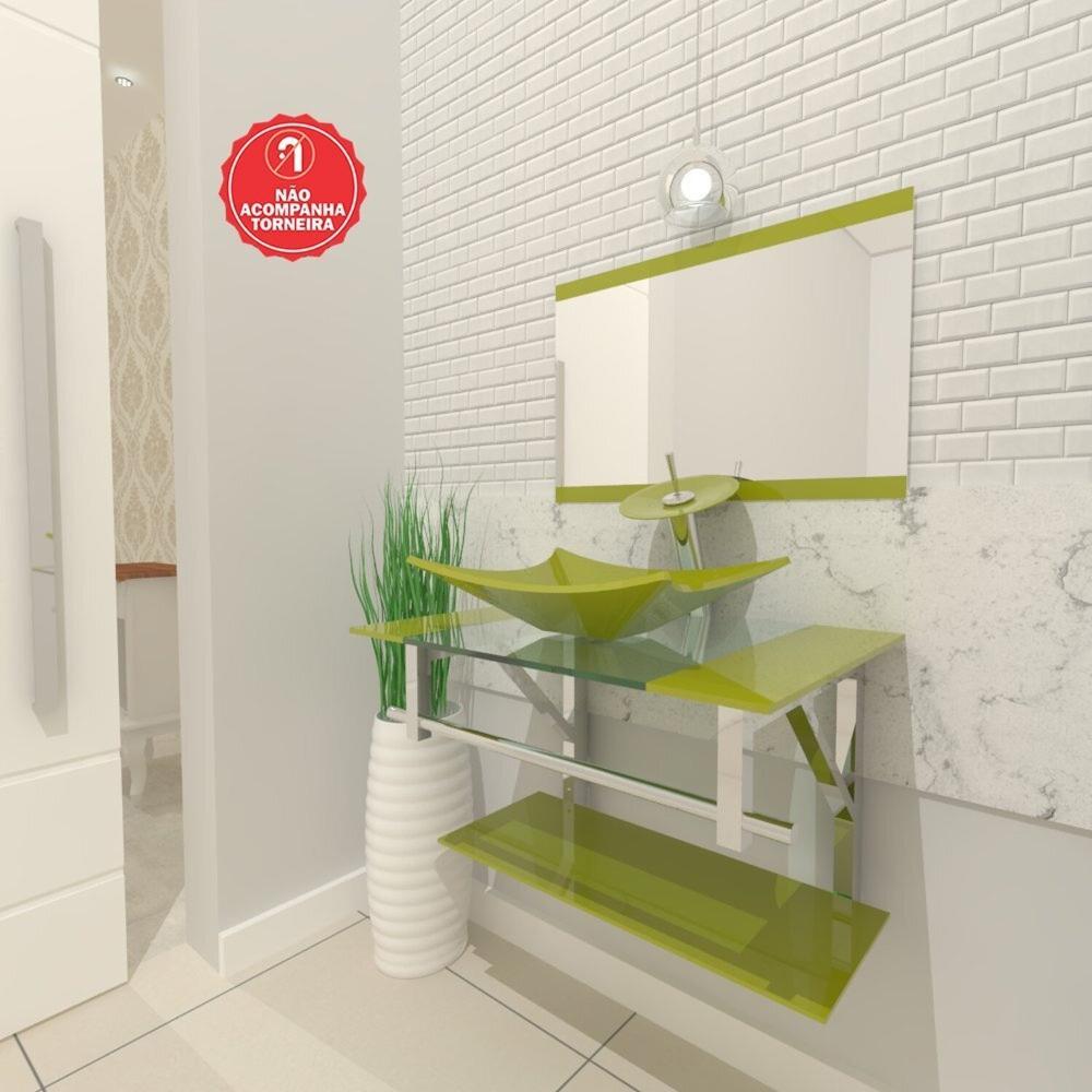 Miniatura Gabinete de Vidro 90cm Inox com Cuba Retangular Verde Oliva