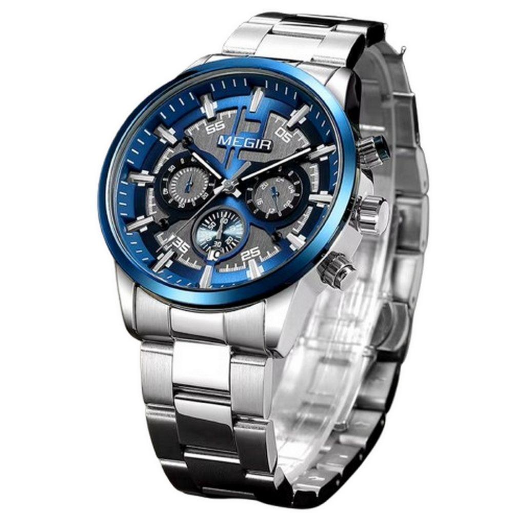 Miniatura Relógio De Pulso Masculino Com Pulseira De Aço Inoxidáve Com Data Automática Impermeavel 3atm Azul