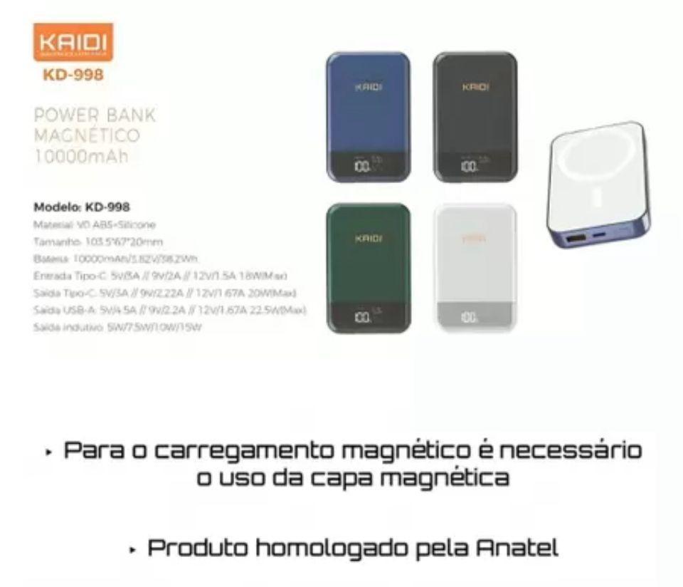 Miniatura Carregador Portátil Magnético 10000 Mah Kaidi 998 Power Bank