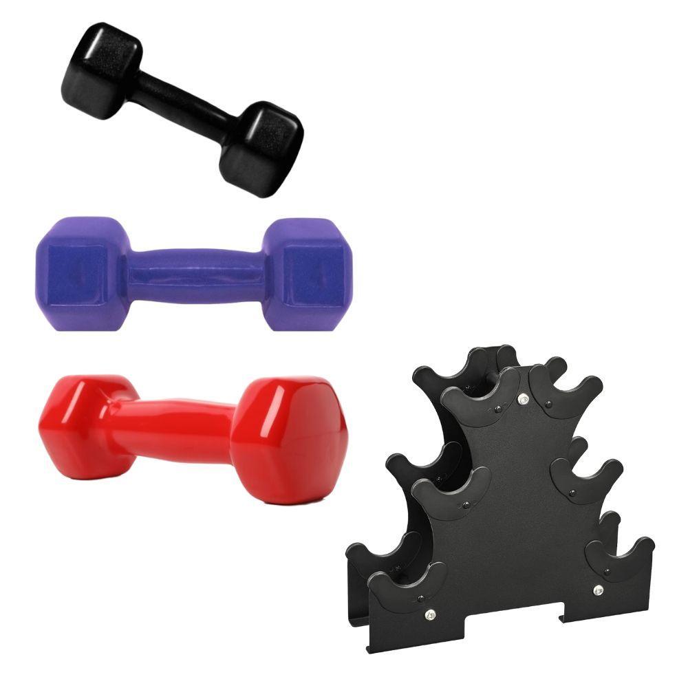 Miniatura Kit 3 Halteres Sextavados Peso Academia + Suporte 12Kg