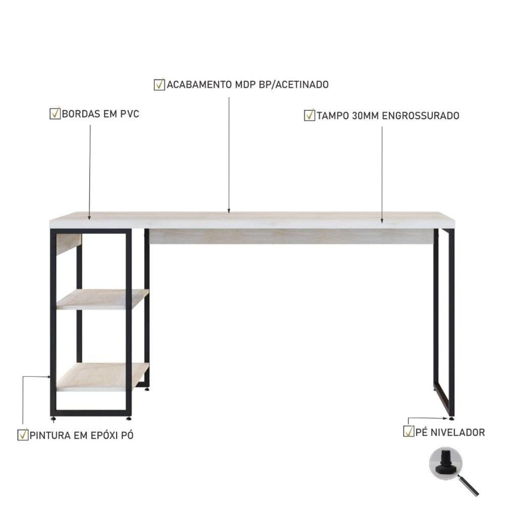 Miniatura Escrivaninha com Estante Baixa Estilo Industrial 150cm com 02 Prateleiras Dynamica Yescasa Snow / Est.Preta