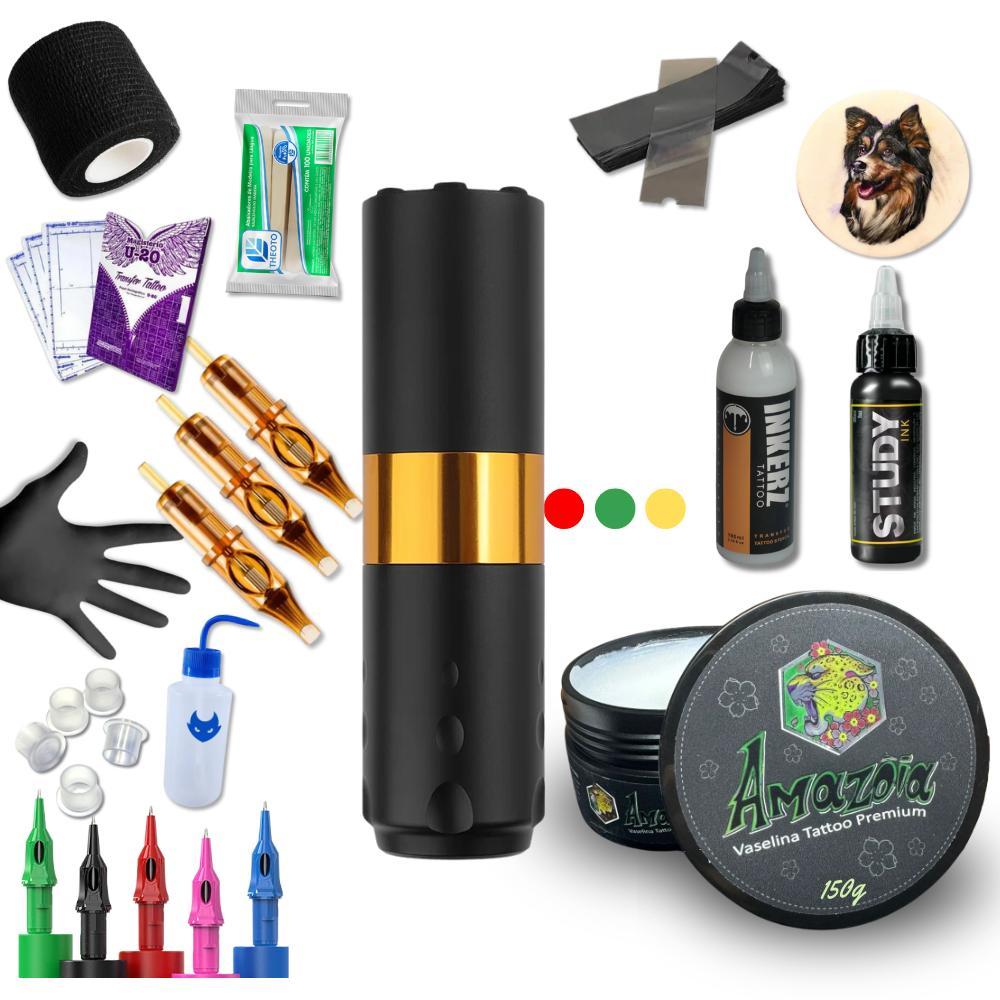 Miniatura Kit Tattoo Completo Iniciante Pen Dourada Bateria Tatuagem