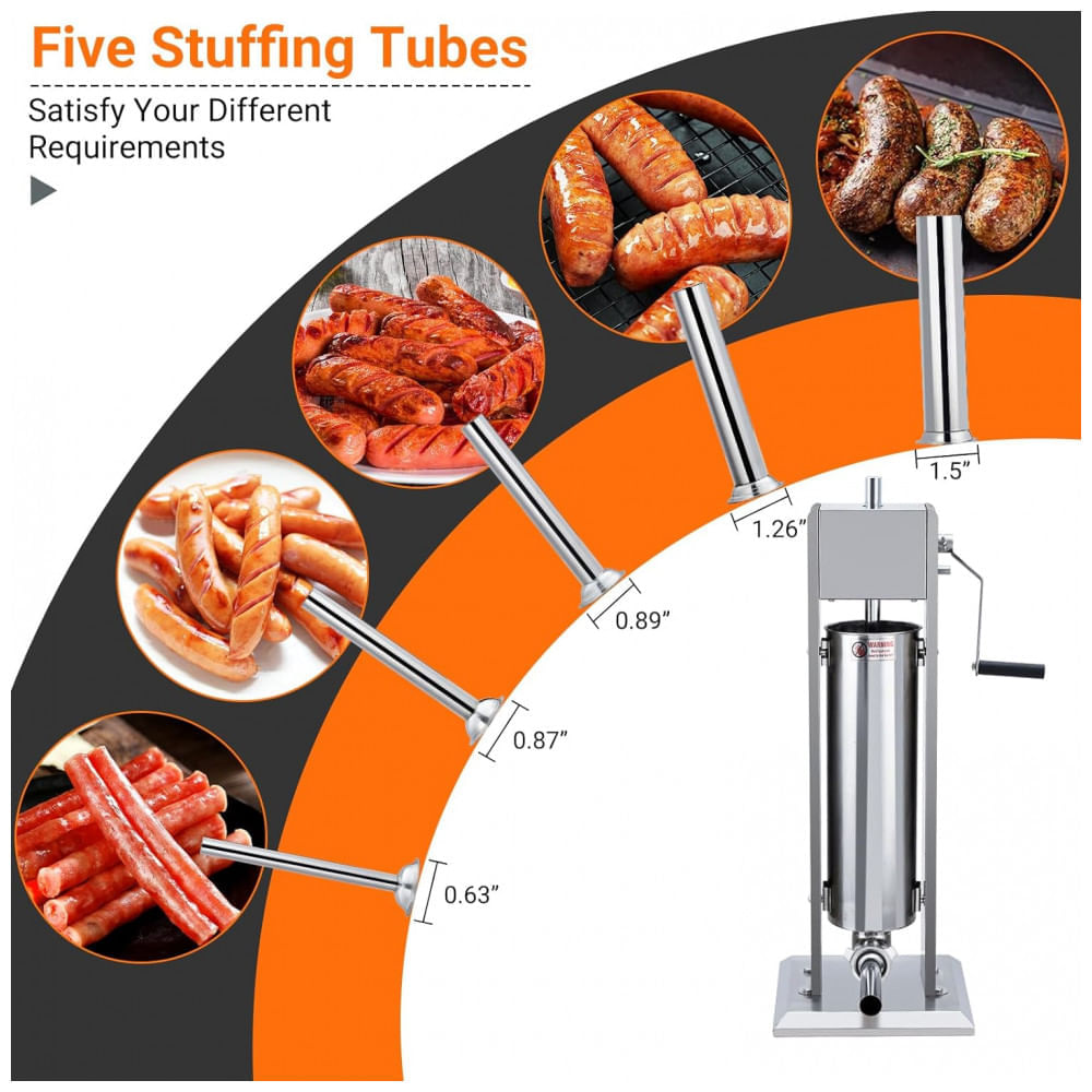 Máquina de Embutir Linguiça 15LBS7L Manual, Enchedora de Carne com Dupla Velocidade em Aço Inoxidável, 5 Tubos de Enchimento, ExploreHorizon