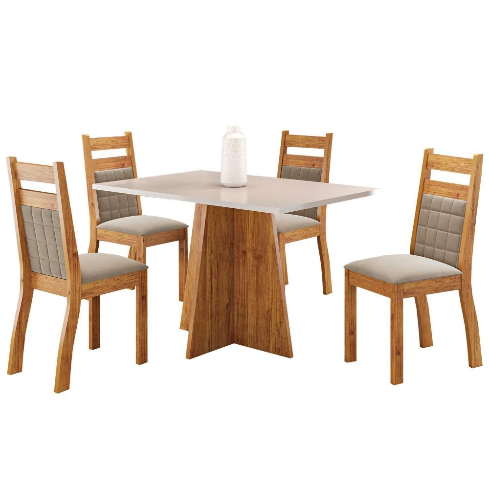 Mesa de Jantar Retangular 1,20x80 Dalbelle com 4 Cadeiras Sicilia Mel/Blonde/Pérola