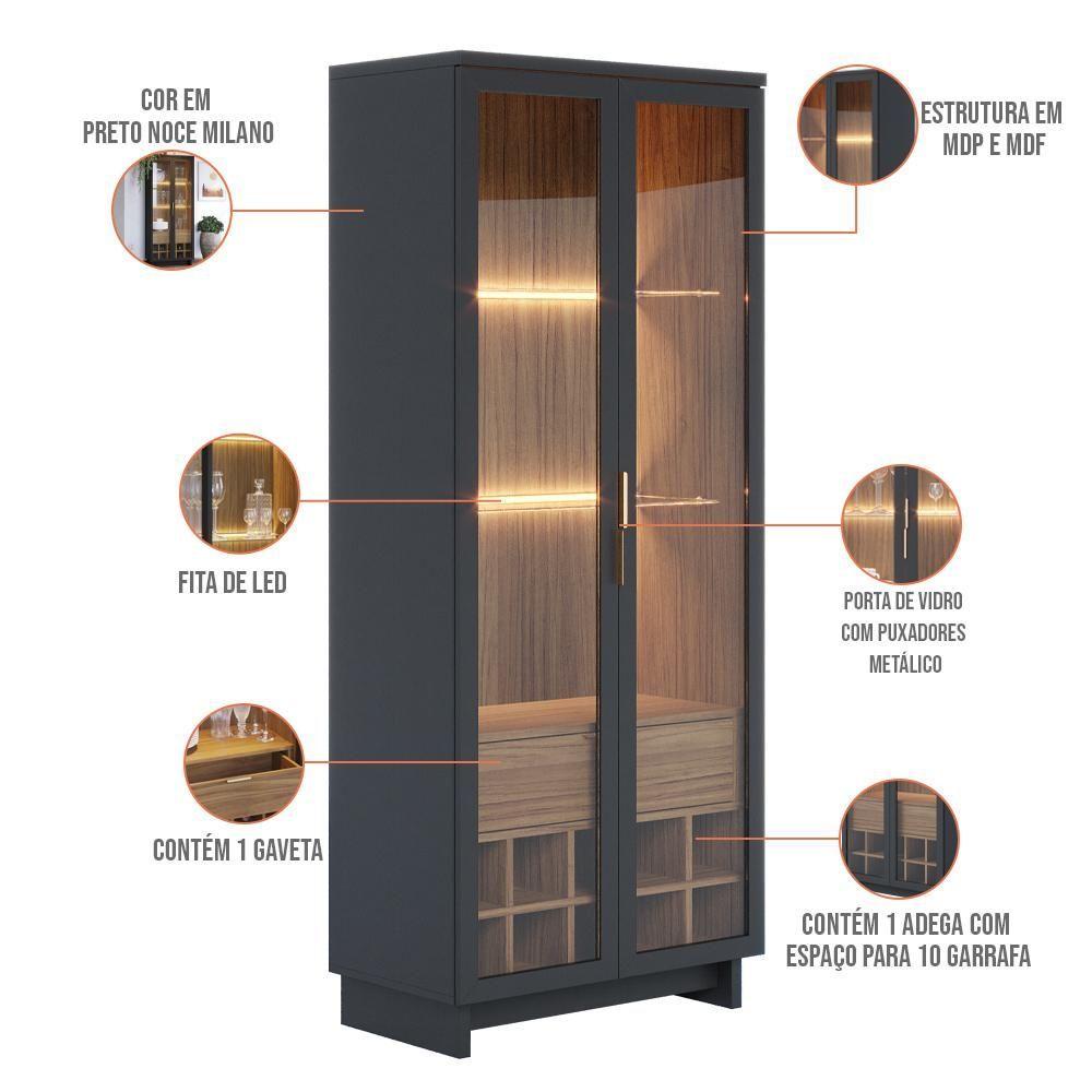 Cristaleira Com Nicho Adega 2 Portas C4 Preto Noce Milano