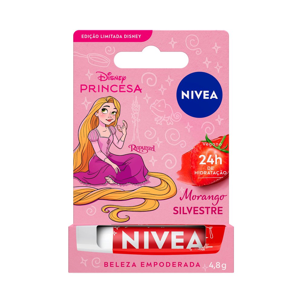 Miniatura Hidratante Labial Nivea Disney Princesa Rapunzel Sabor Morango Silvestre 4,8g
