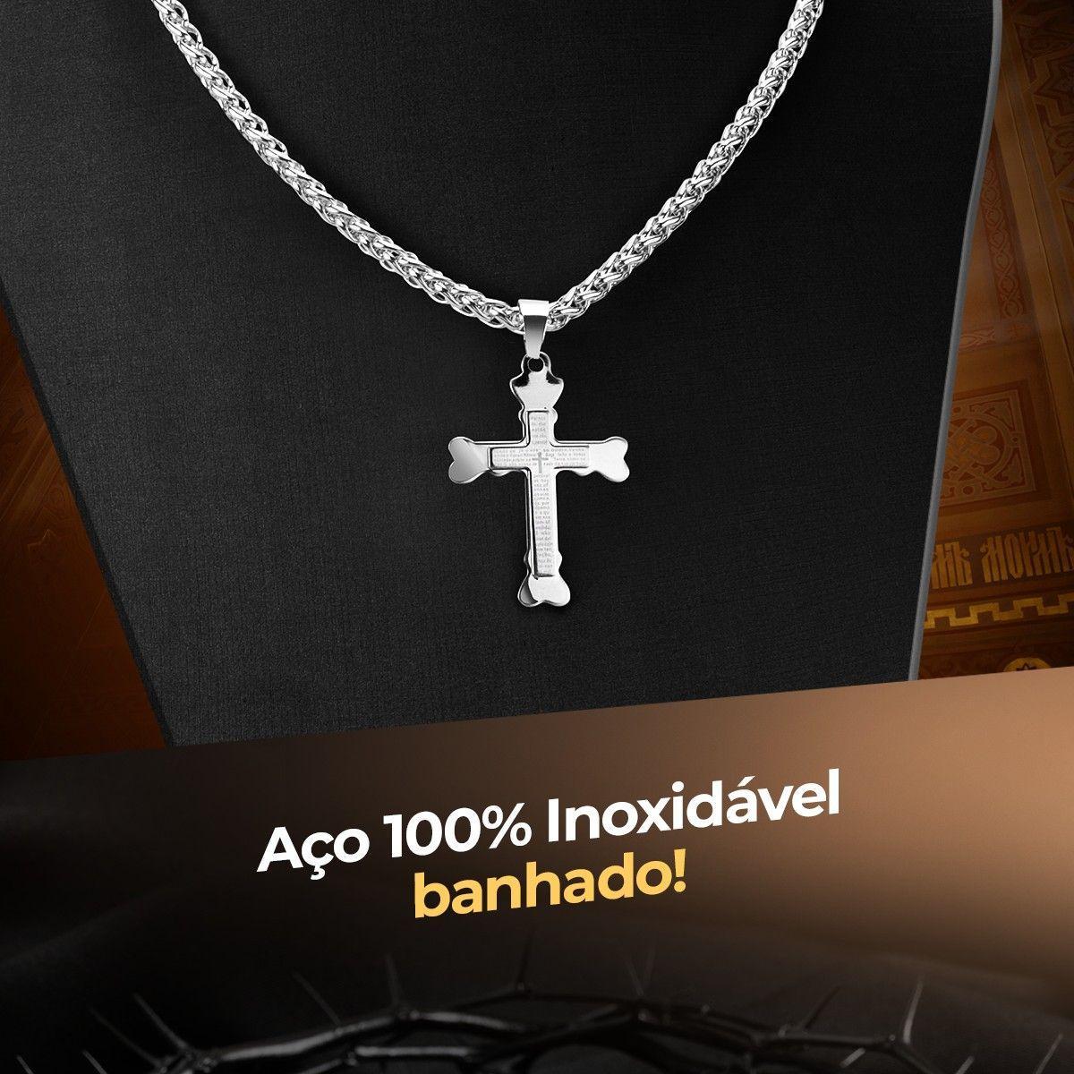Miniatura Pingente Cruz Pai Nosso + Cordão Aço Inox Prata Presente