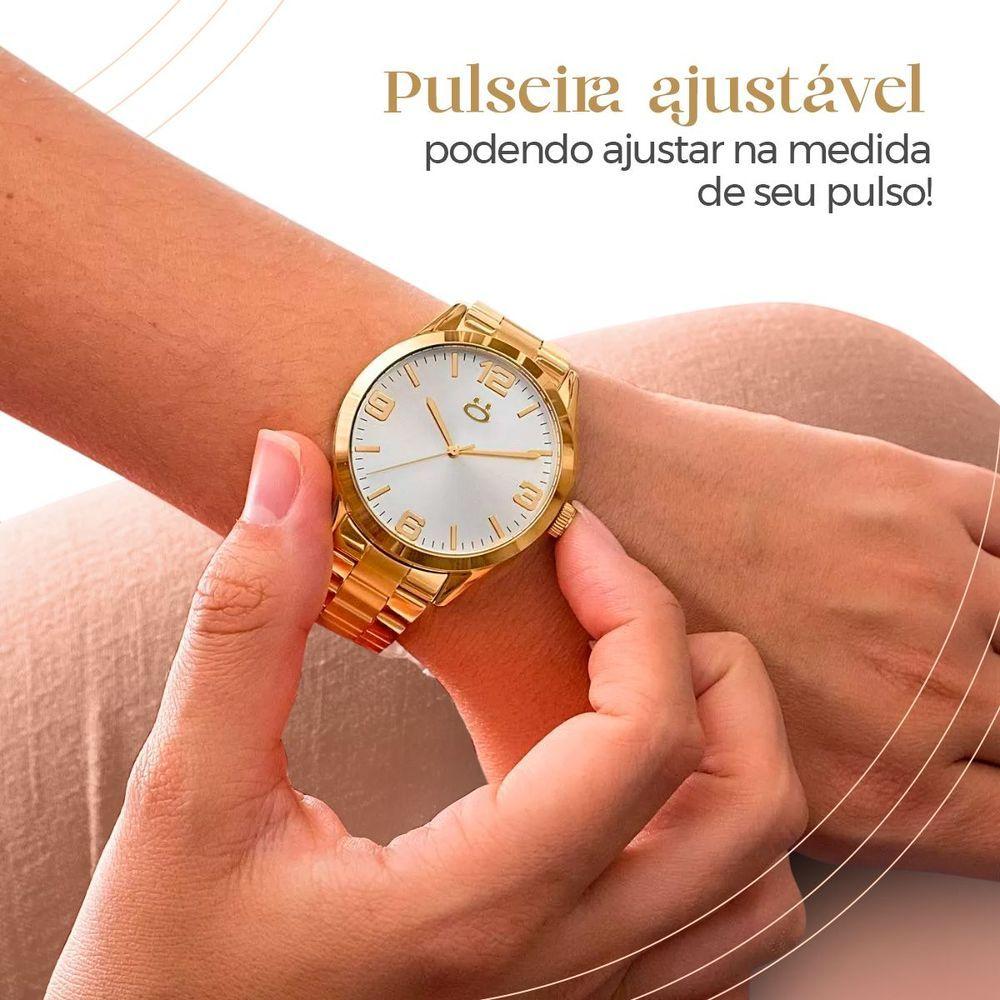 Miniatura Relogio Feminino Dourado Aço Inox + Caixa + Brincos + Colar Social Moda Casual Presente Strass