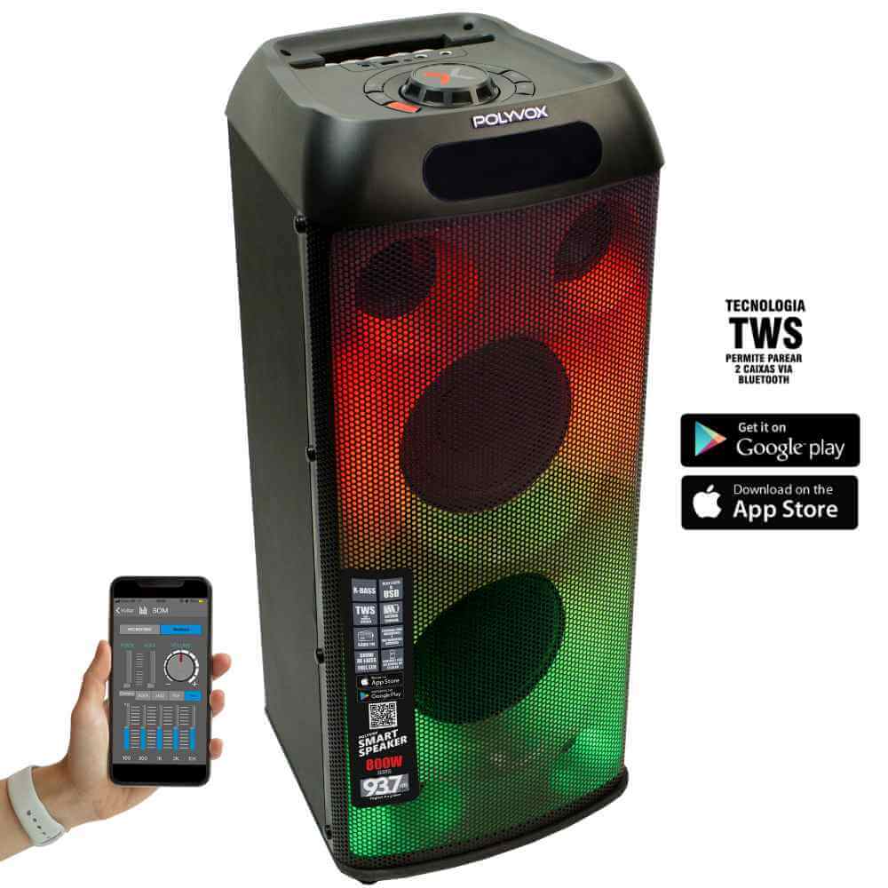 Caixa Som Amplificada Bluetooth Full LED Torre 800W TWS Polyvox