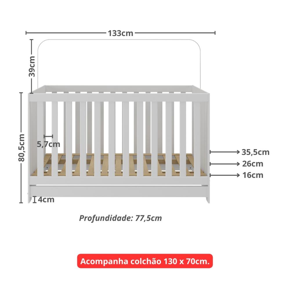 Berço Americano 3 em 1 com Colchão Incluso Multimóveis MP0527PA Branco
