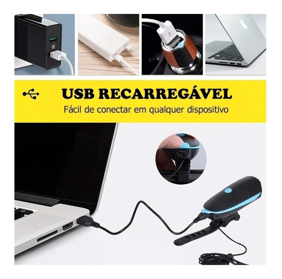 Miniatura Farol Bicicleta Bike Com Buzina Usb Lanterna Recarregável