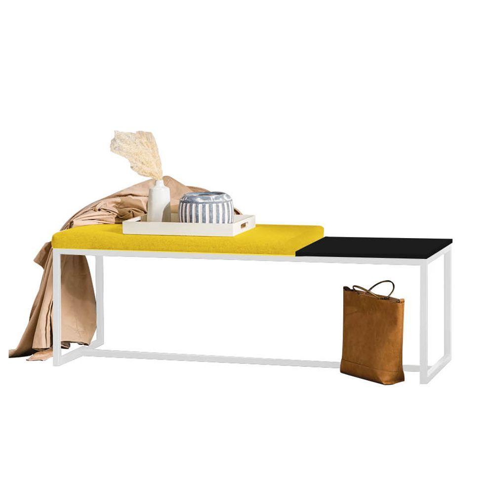 Miniatura Banco Recamier Puff London 195cm Industrial Branco Sintético Amarelo Tampo Quadrado Mdf Preto