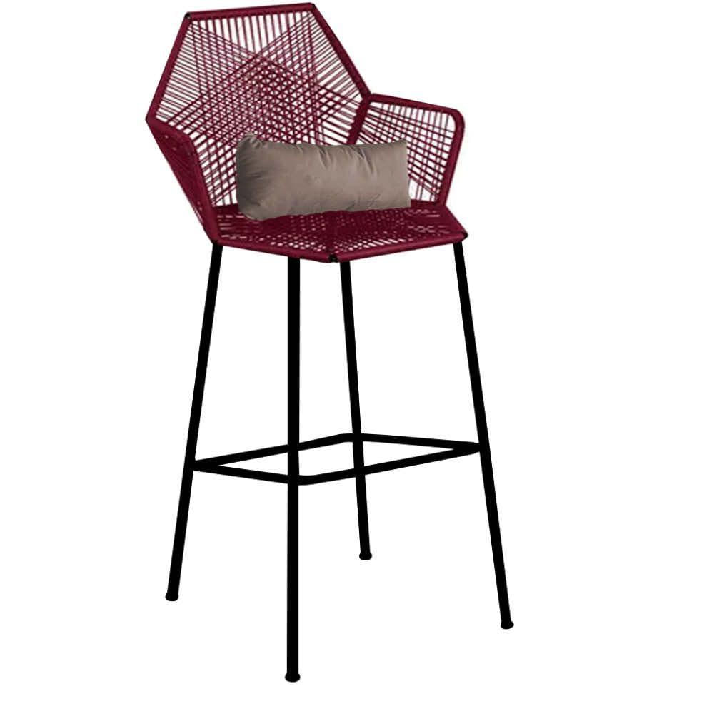 Miniatura Banqueta Alta Com Encosto Ferro Preto Fibra Marsala Almofada Corino Bege