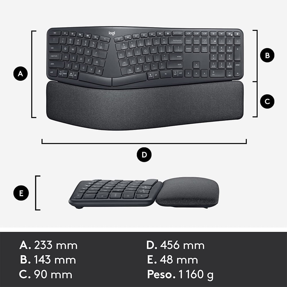 Miniatura Teclado Sem Fio Logitech ERGO K860 Com Apoio de Pulso USB Bluetooth Grafite Preto