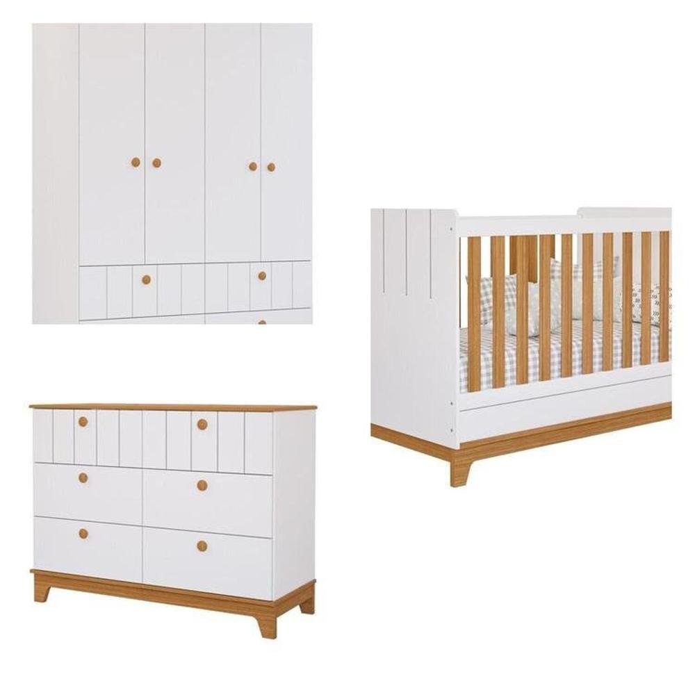 Miniatura Conjunto Quarto de Bebê 1 Berço 1 Cômoda 6 Gavetas 1 Guarda Roupas 4 Portas 4 Gavetas Chantilly Branco/Nature