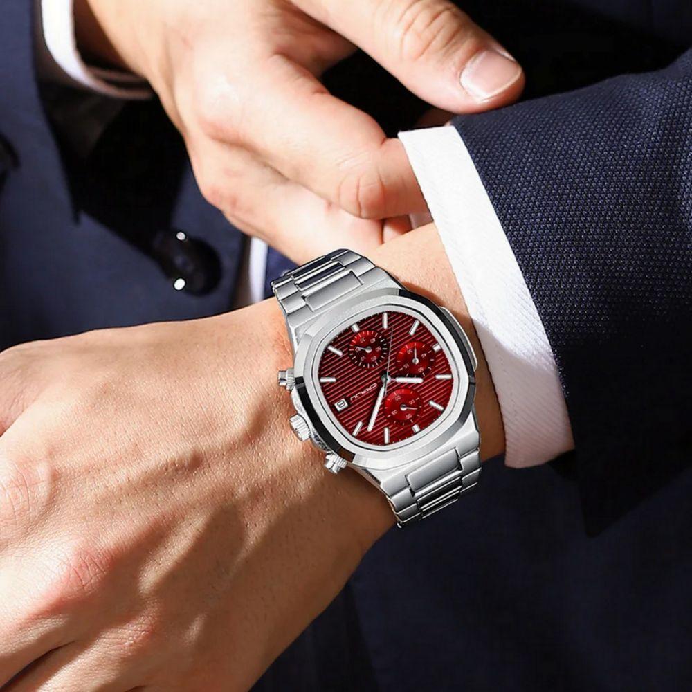 Miniatura Relógio De Pulso Masculino Analógico Com Pulseira De Aço Inoxidável Impermeável 3atm Vermelho