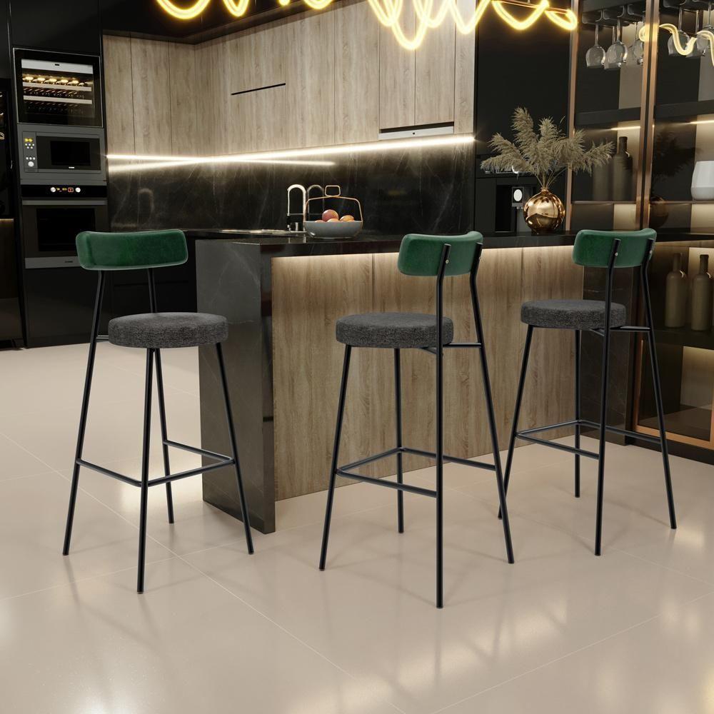Banqueta Alta Bar Cozinha Sala De Jantar Milão L02 Facto Verde Musgo Linho Chumbo