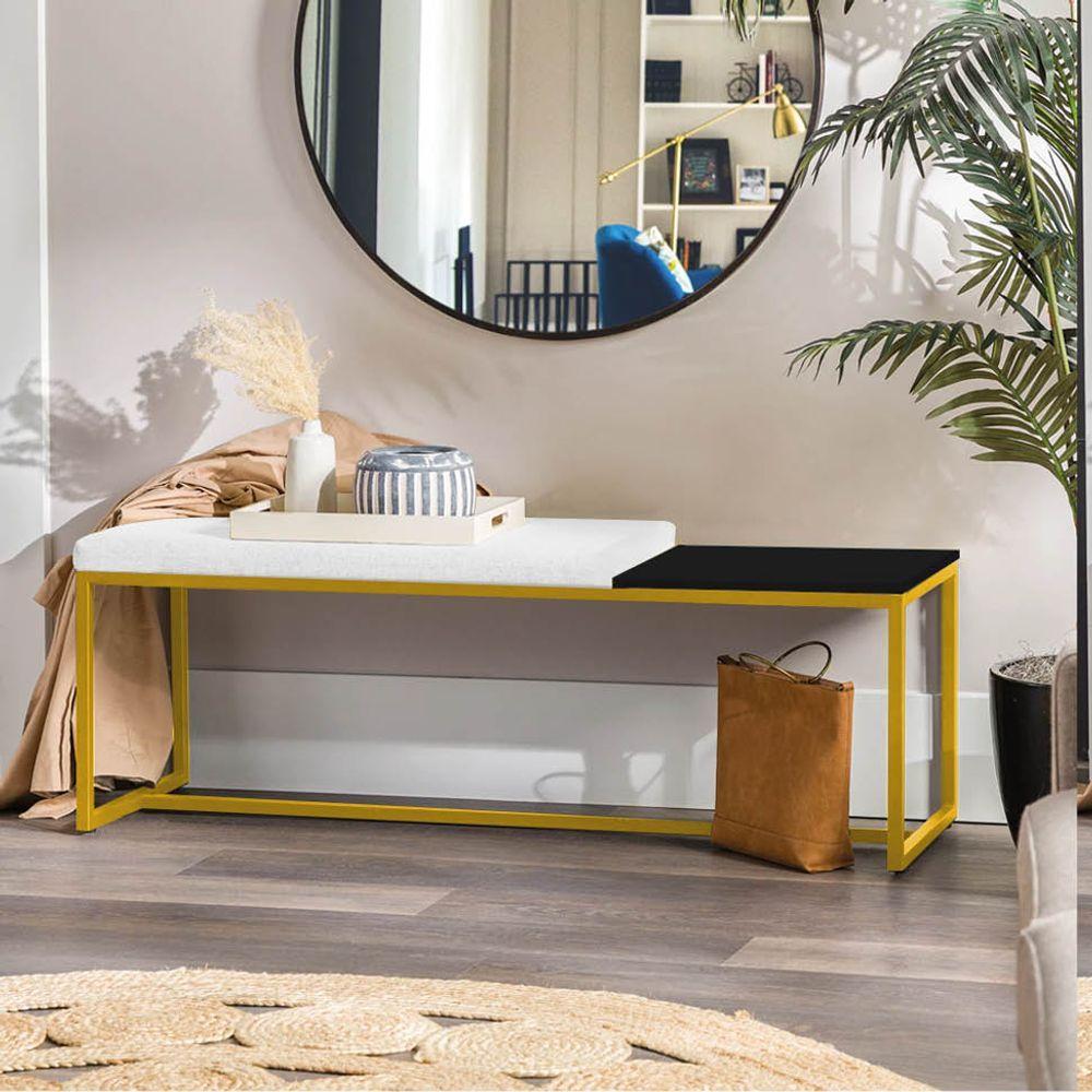 Miniatura Banco Recamier Puff 160cm Industrial Dourado Suede Branco Tampo Quadrado Preto