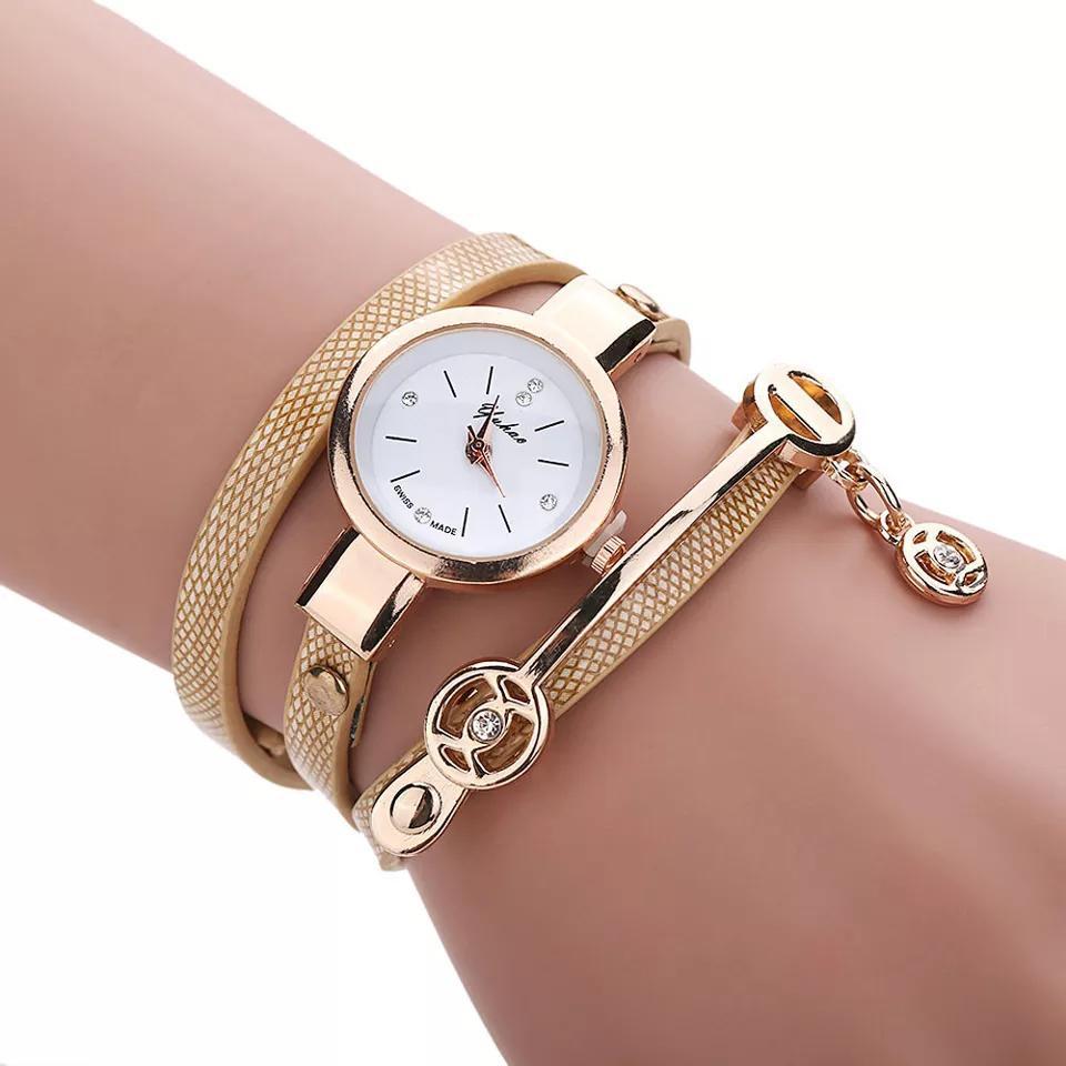 Miniatura Relógio Luxo Feminino Pulseira Couro Dourado