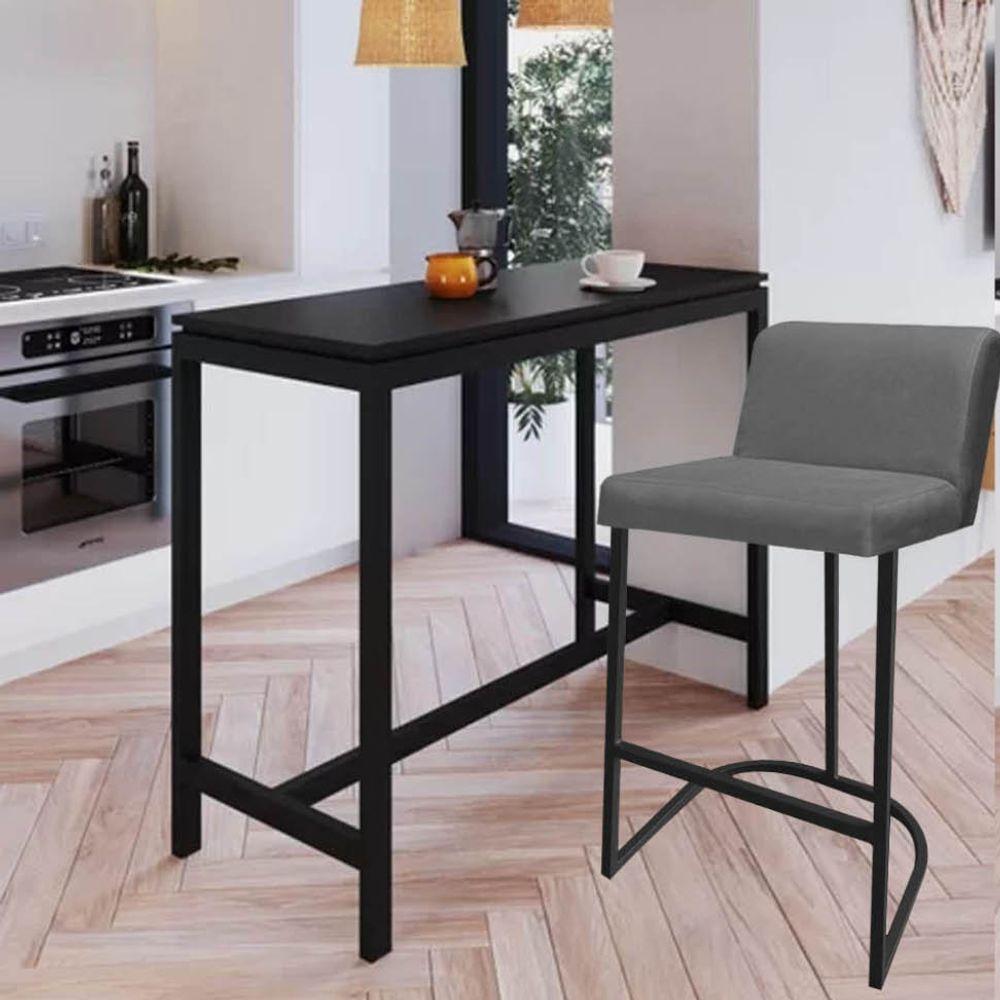 Miniatura Banqueta Com Encosto Noah Luxo Confort Bistrô Cozinha Ferro Preto Corino Cinza - Amey Decor