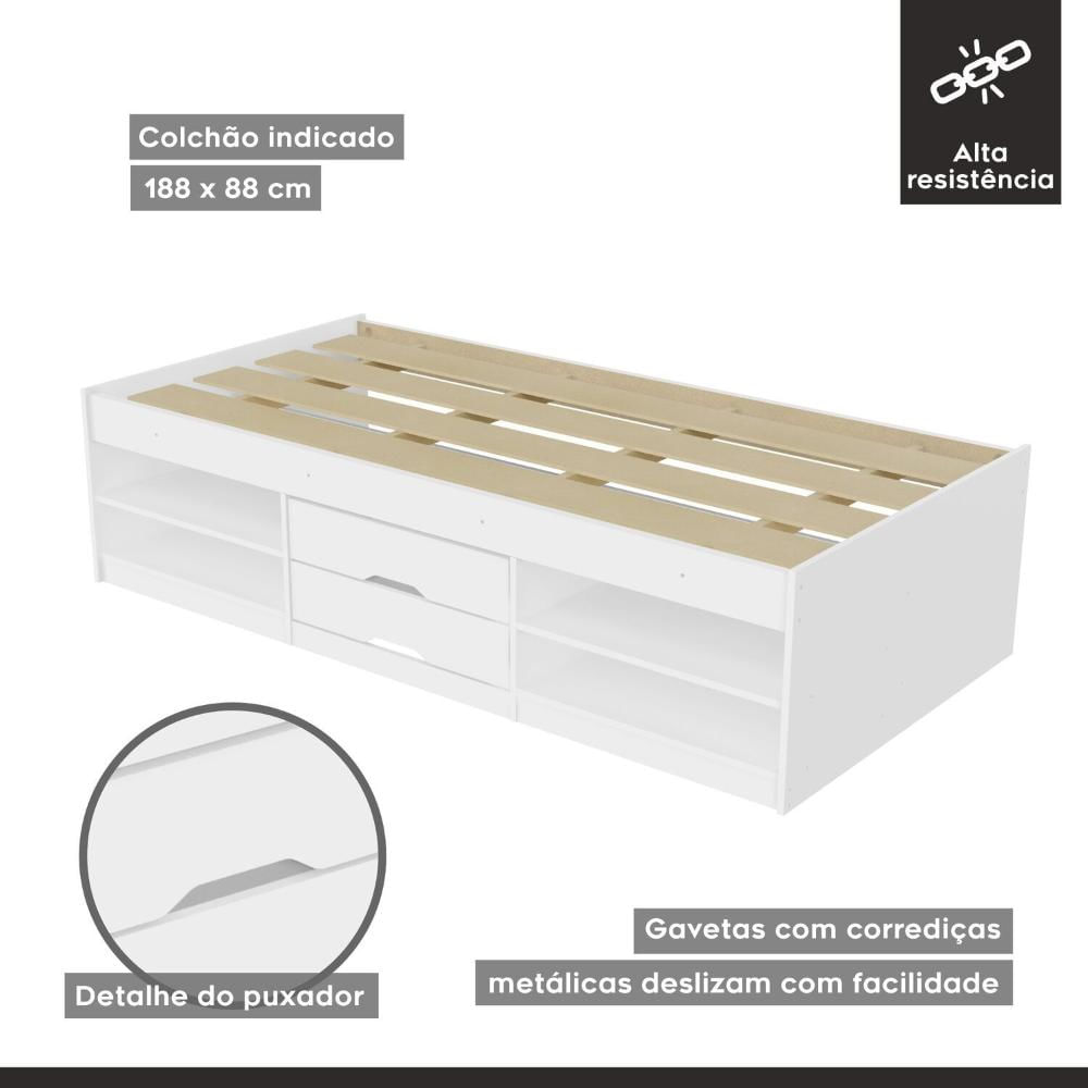 Cama Solteiro Multifuncional 2 Gavetas Branco