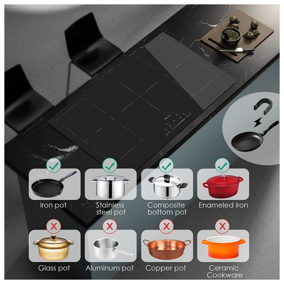 Miniatura Cooktop de indução de 36 polegadas 5 queimadores Boost, fogão elétrico embutido com zona flexível dupla, 9 níveis de potên...
