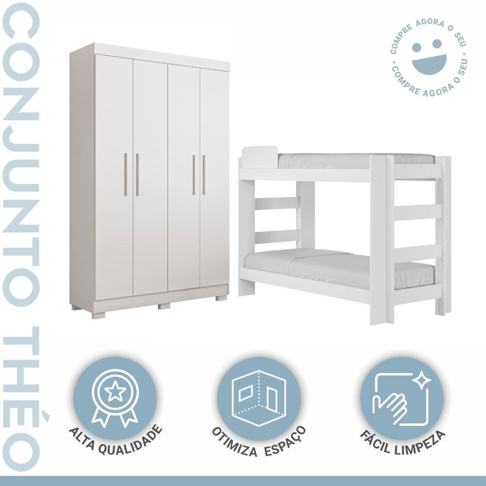 Quarto Infantil Completo com Guarda-Roupa e Beliche Théo Branco