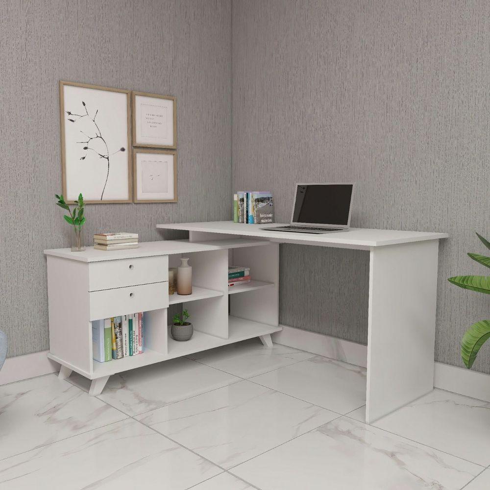 Miniatura Escrivaninha Mesa Em L Escritório Com Gavetas E Nichos Gold Branco