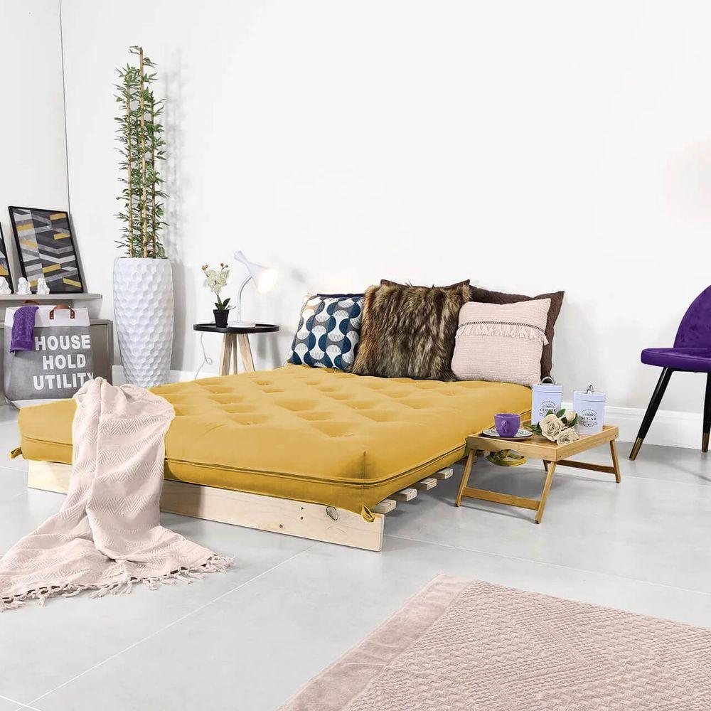 Miniatura Futon Casal Tokio Sofa Cama Amarelo Acquablock Com Madeira Maciça