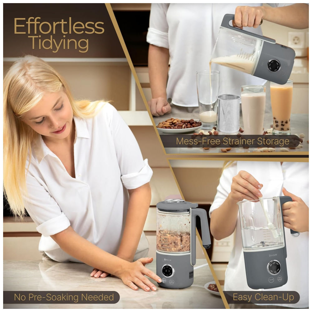Máquina de Leite Vegetal 400mL com Temporizador de Atraso, Filtro Integrado e Sensor de Tampa, Beeze, Cinza
