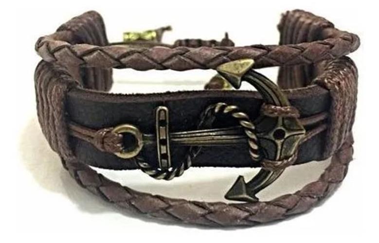 Miniatura Pulseiras Couro Masculina Âncora Kit 3 Peças Combo