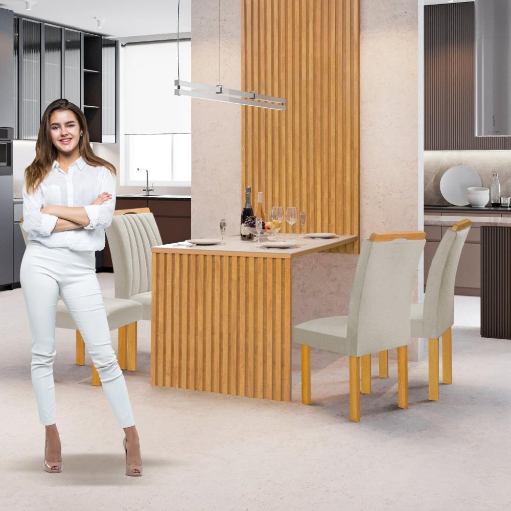 Conjunto Mesa Bella Ripada 120cm com 4 Cadeiras Arizona Tampo Bella com Vidro Cinamomo/Off White/Veludo Bege Claro