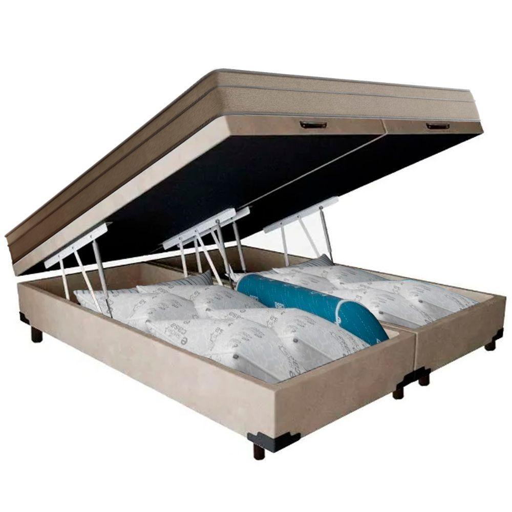 Miniatura Cama Box Baú Casal Bipartido Suede + Colchão De Molas Ensacadas Portobel Ipanema 138x188x66cm Bege