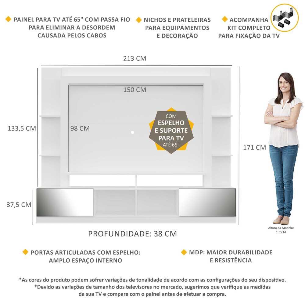 Miniatura Estante com Suporte TV 65" Portas c/ Espelho Oslo Multimóveis V3382 Branco