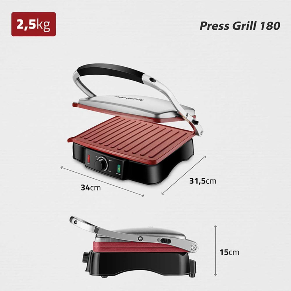 Miniatura Grill e Sanduicheira Premium PG-02 Preto/Inox 1800W S-07 Mondial 127V
