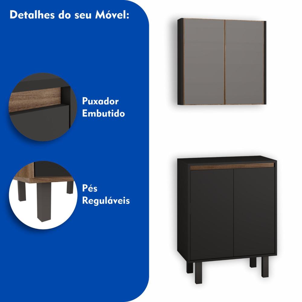 Miniatura Gabinete para Banheiro com Espelheira Litto Estilare Preto/Amadeirado