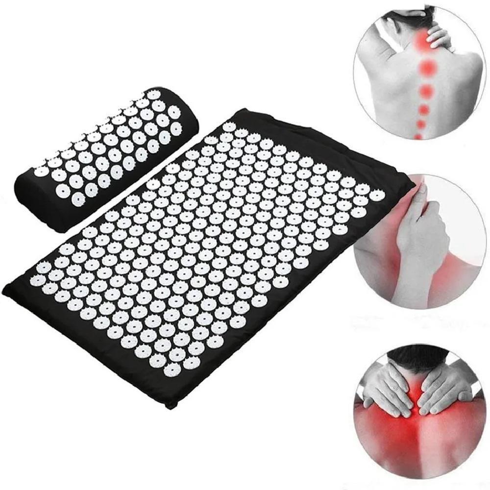 Kit Tapete Acupuntura Acupressao Com Colchonete Almofada Travesseiro Massageador Relaxamento Yoga Preto