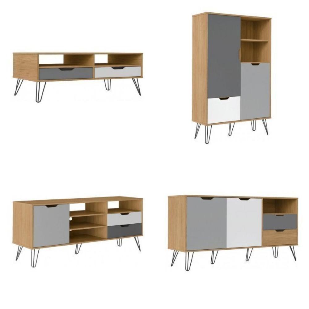 Miniatura Conjunto Sala de Estar Rack para TV até 55 Polegadas Buffet Bar e Mesa de Centro Estocolmo Artely Carvalho/Grafite