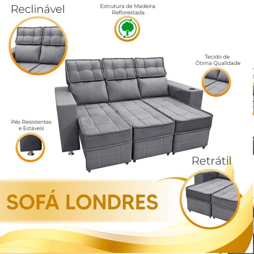 Miniatura Sofá Retrátil E Reclinável 3 Lugares Londres 1.90cm Com Molas Suede Speciale Home Chumbo