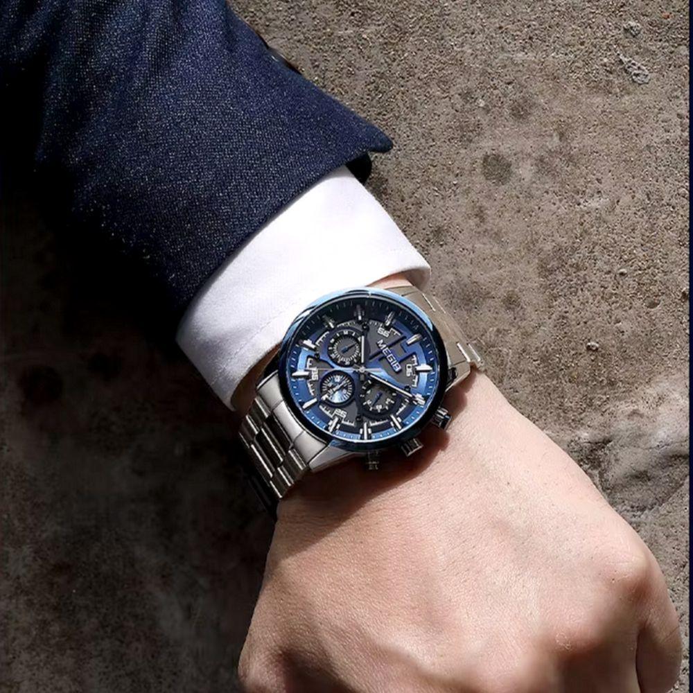 Miniatura Relógio De Pulso Masculino Com Pulseira De Aço Inoxidáve Com Data Automática Impermeavel 3atm Azul