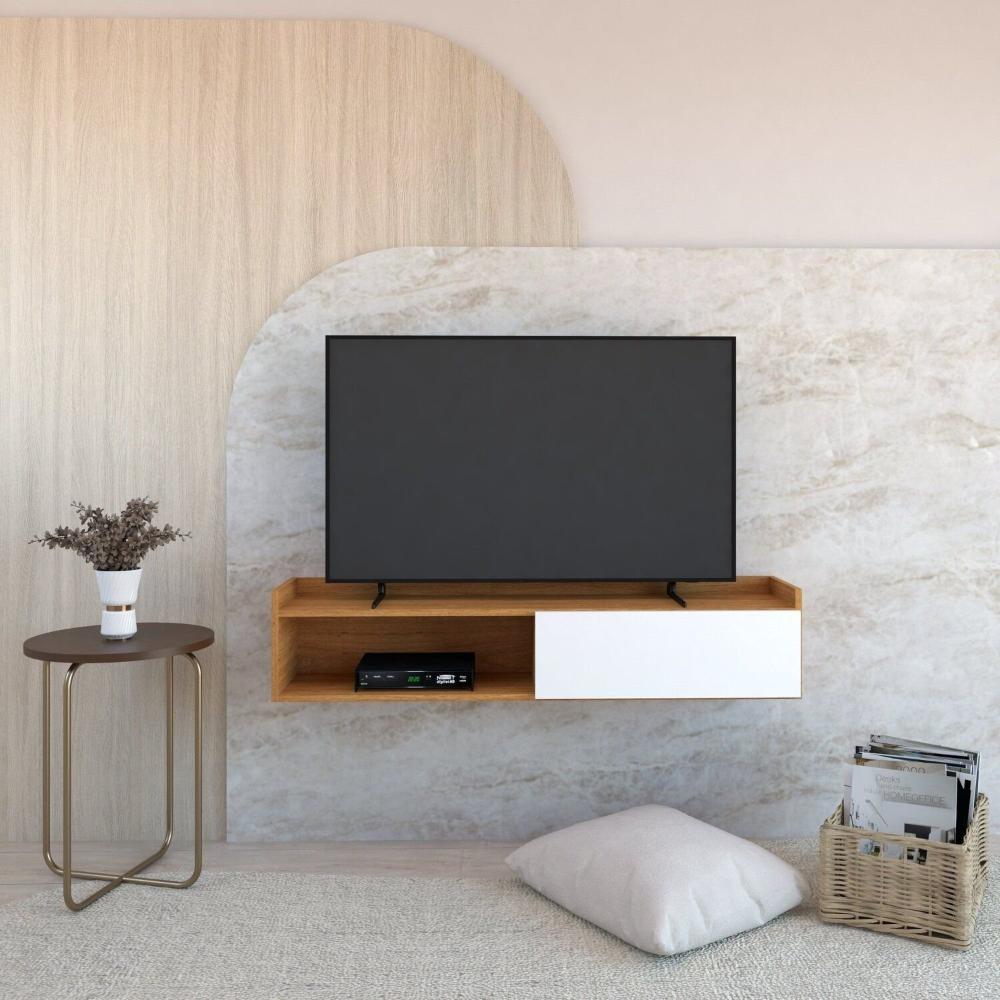 Miniatura Rack Suspenso para Tv até 50 Pol. com 1 Porta e 1 Nicho Atena Freijó Com Branco