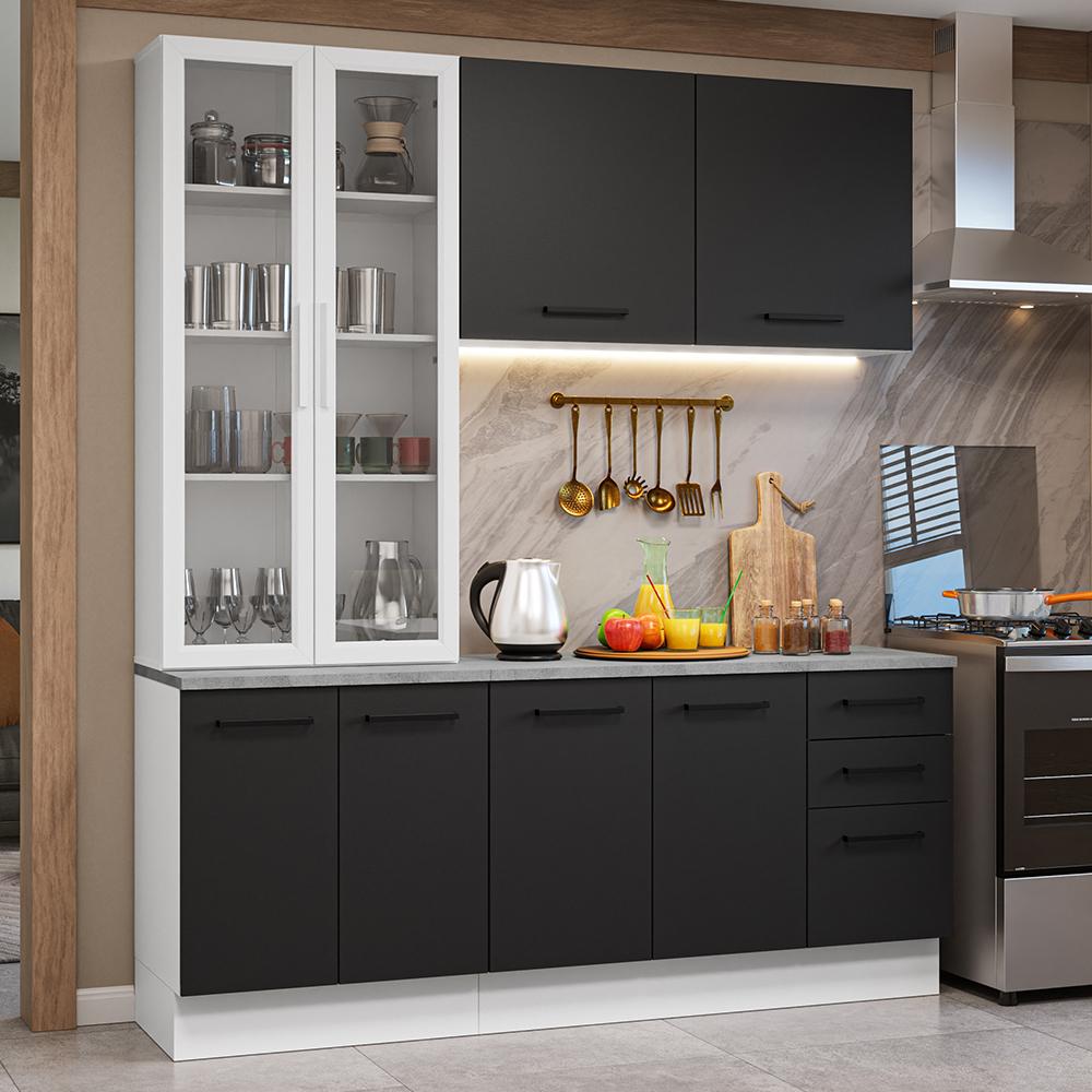 Miniatura Armário de Cozinha Compacta 190cm com Cristaleira Branco/Preto Agata Madesa 01 Branco/Preto