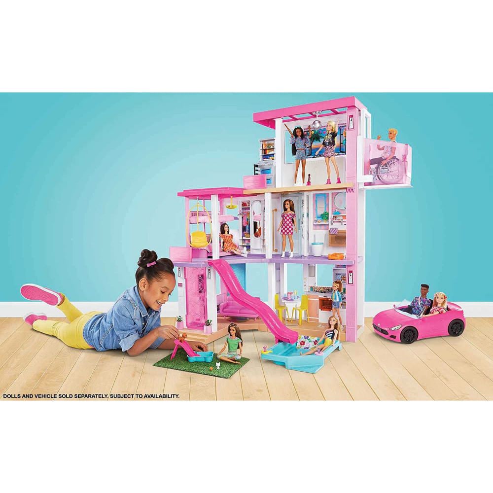 Miniatura Barbie Casa de Bonecas com 75 Acessórios 3 Andares Piscina e Escorregador para Crianças a partir de 3 anos